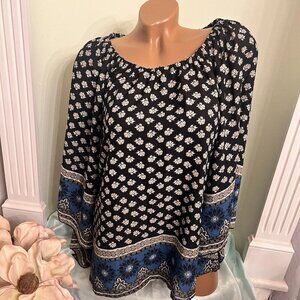 New Directions. Sz Small. Semi Sheer Border Print. Elastic Neck. Boho. B35